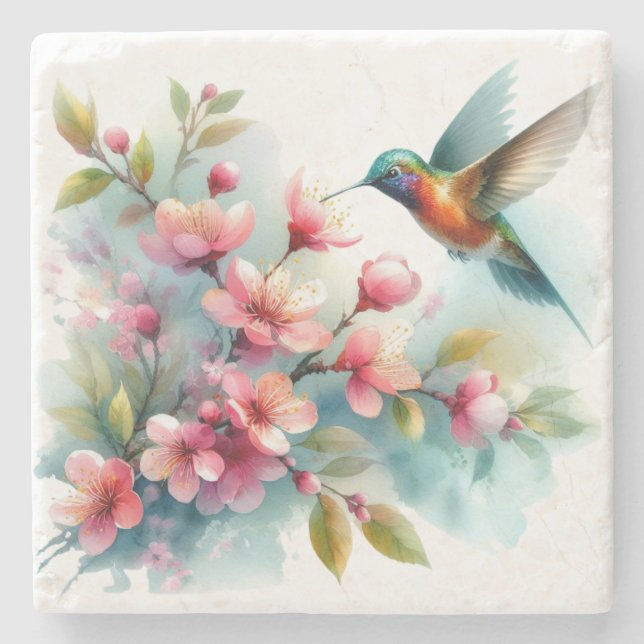 Floral/spring hummingbird artwork  stone coaster (Front)