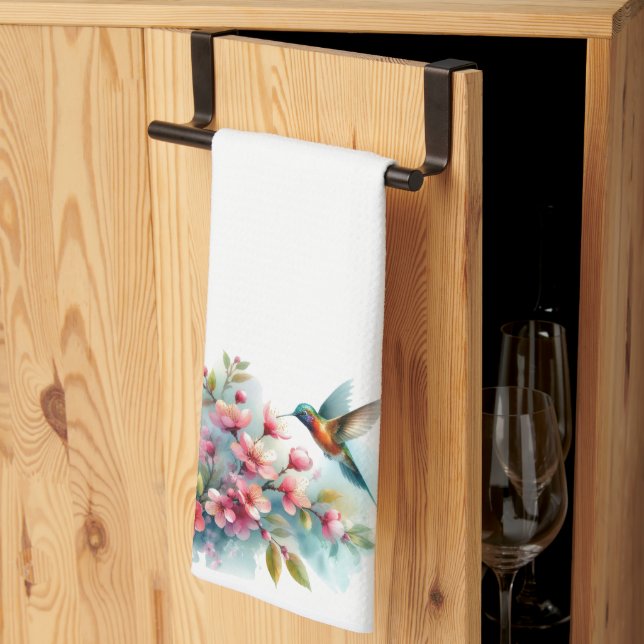 Floral/spring hummingbird artwork  tea towel (Thirds Fold)