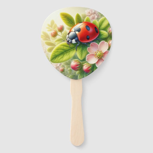 Floral/spring ladybug artwork  hand fan (Front)