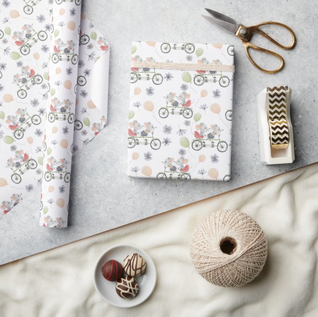 Floral Spring Mice On A Bike With Balloons Pattern Wrapping Paper (Crafts)