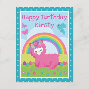 Floral Spring Pink Llama & Rainbow Birthday Postcard
