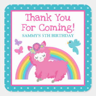 Floral Spring Pink Llama & Rainbow Birthday Square Sticker