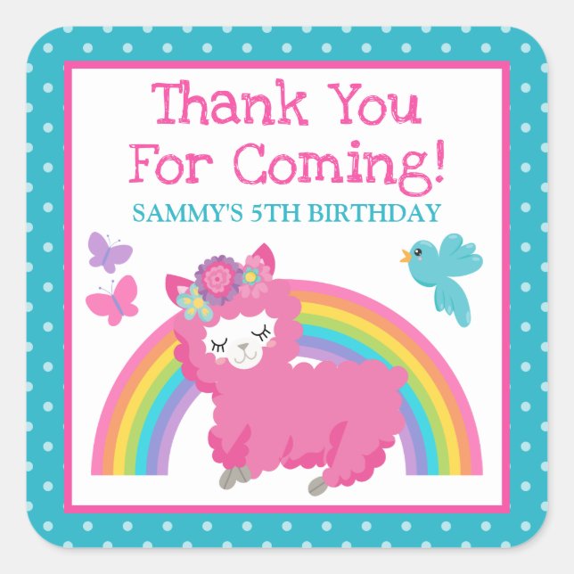 Floral Spring Pink Llama & Rainbow Birthday Square Sticker (Front)