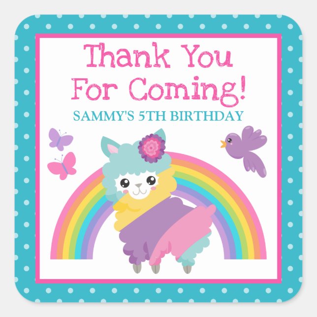 Floral Spring Rainbow Llama & Rainbow Birthday Square Sticker (Front)