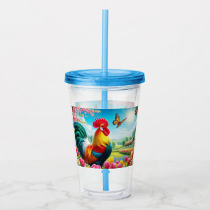 Floral/spring rooster/chicken artwork  acrylic tumbler