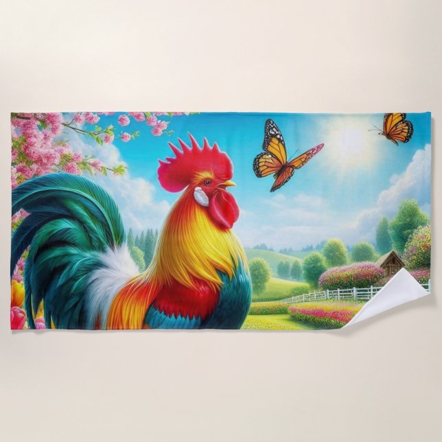 Floral/spring rooster/chicken artwork  beach towel (Front)