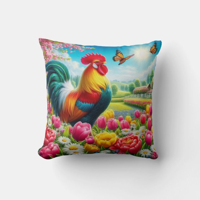 Floral/spring rooster/chicken artwork  cushion (Front)
