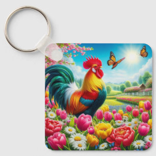 Floral/spring rooster/chicken artwork key ring