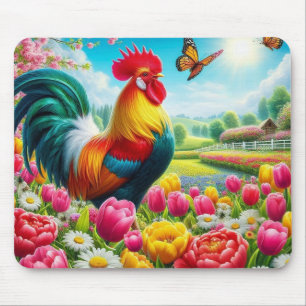 Floral/spring rooster/chicken artwork  mouse mat