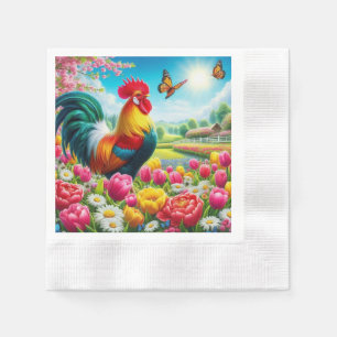 Floral/spring rooster/chicken artwork napkin