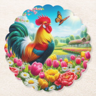 Floral/spring rooster/chicken artwork  paper coaster