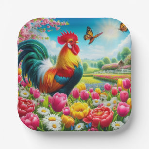 Floral/spring rooster/chicken artwork  paper plate