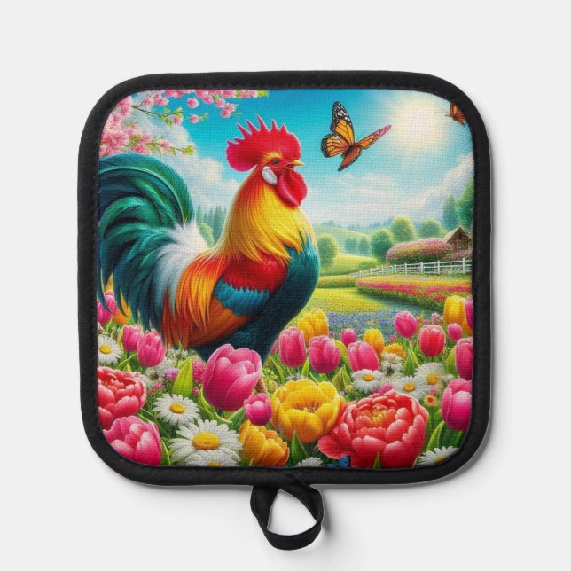 Floral/spring rooster/chicken artwork  pot holder (Front)