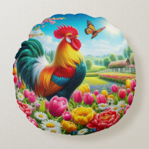Floral/spring rooster/chicken artwork round cushion