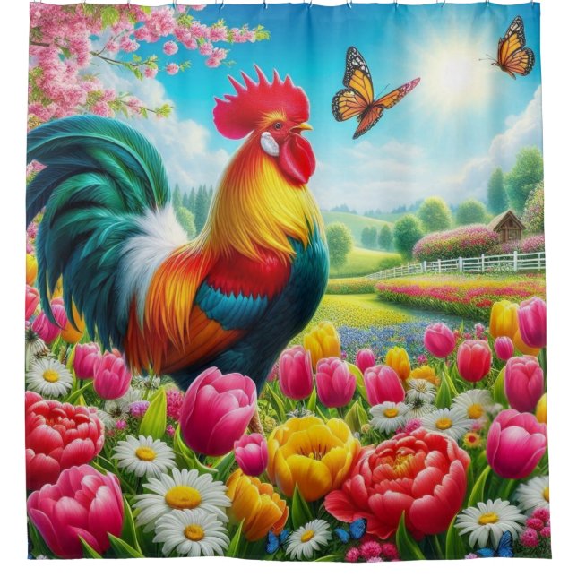 Floral/spring rooster/chicken artwork  shower curtain (Front)