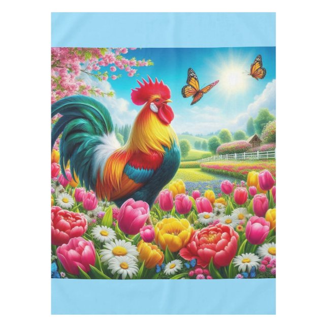 Floral/spring rooster/chicken artwork  tablecloth (Front)