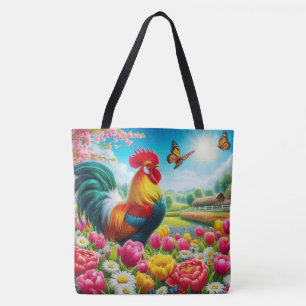 Floral/spring rooster/chicken artwork  tote bag