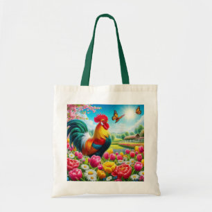 Floral/spring rooster/chicken artwork tote bag