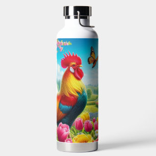 Floral/spring rooster/chicken artwork water bottle