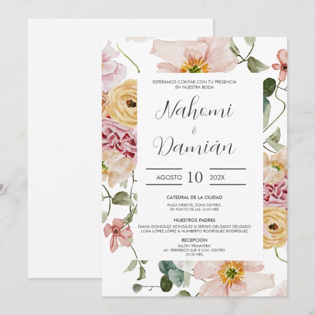 Floral Spring Spanish Wedding Invitation (Front/Back)
