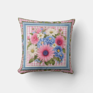 Floral Square Seamless Pattern with Pink Gingham B Cushion