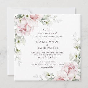 Floral Square Watercolor Pink Roses Invitation