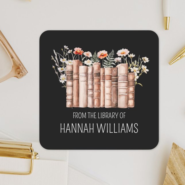 Floral Stack Book From the Library of Bookplate Square Sticker (Close up)