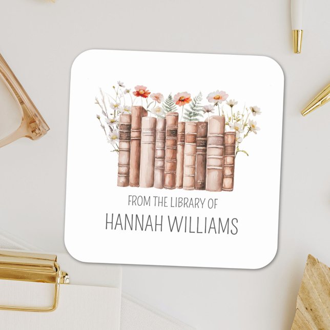 Floral Stack Book From the Library of Bookplate Square Sticker (Close up)