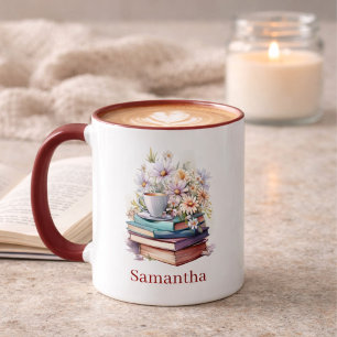 Floral Stacked Books Personalised Burgundy Handle Mug