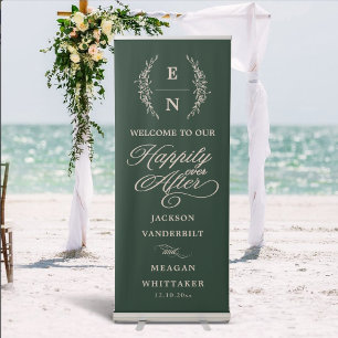 Floral Stacked Monogram Initials Script Wedding Retractable Banner