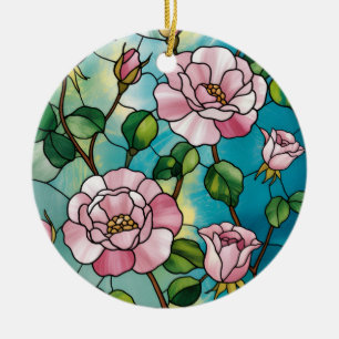 Floral Stained Glass Effect Pink Flowers Botanical Ceramic Tree Decoration