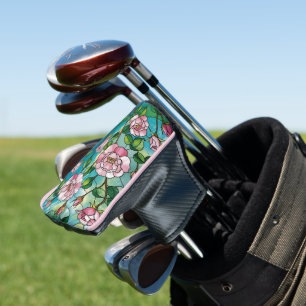 Floral Stained Glass Effect Pink Flowers Botanical Golf Head Cover