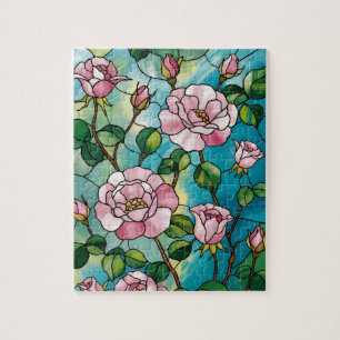 Floral Stained Glass Effect Pink Flowers Botanical Jigsaw Puzzle