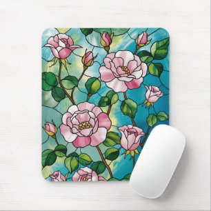 Floral Stained Glass Effect Pink Flowers Botanical Mouse Mat