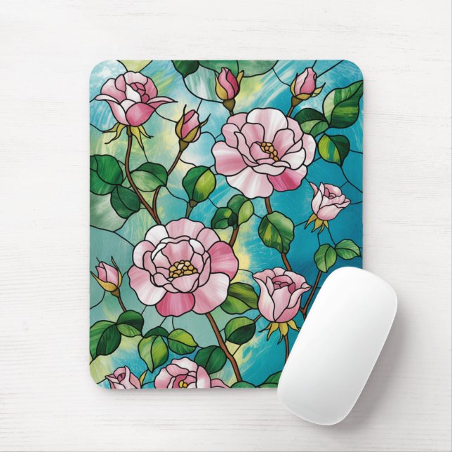 Floral Stained Glass Effect Pink Flowers Botanical Mouse Mat (With Mouse)