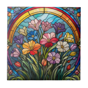 Floral stained glass tile