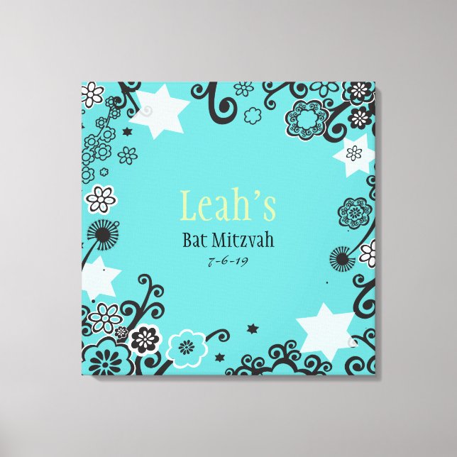 Floral Star Aqua Bat Mitzvah Sign-In Board Canvas Print (Front)