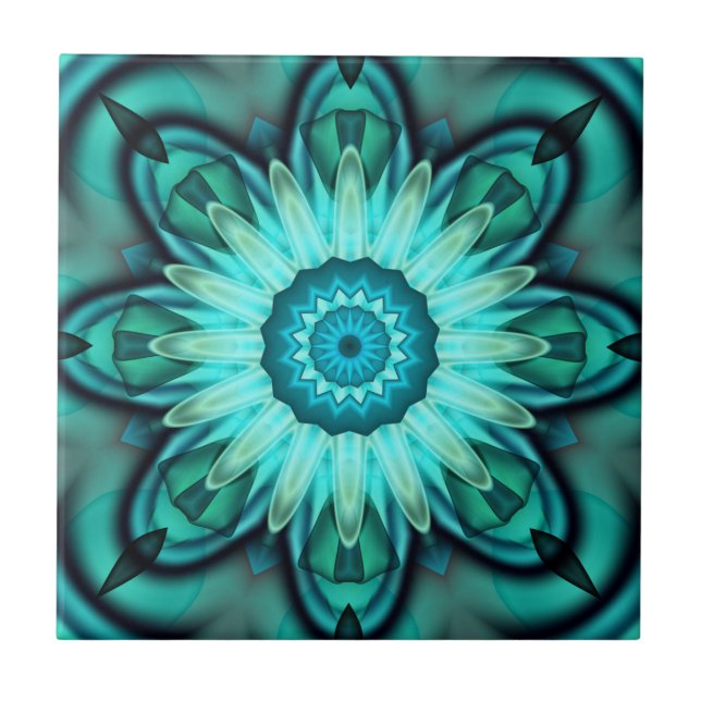 Floral Star Geometric Turquoise Teal Tile (Front)