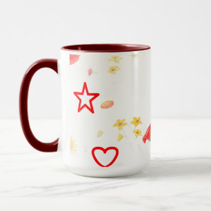 Floral Star & Heart Mug – Bright Sunflower & Red