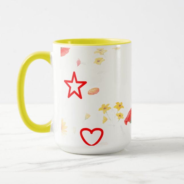 Floral Star & Heart Mug – Bright Sunflower & Red  (Left)