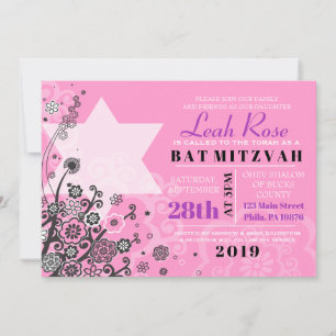 Floral Star of David Bat Mitzvah Invitation Pink