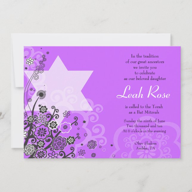Floral Star of David Bat Mitzvah Invitation Violet (Front)