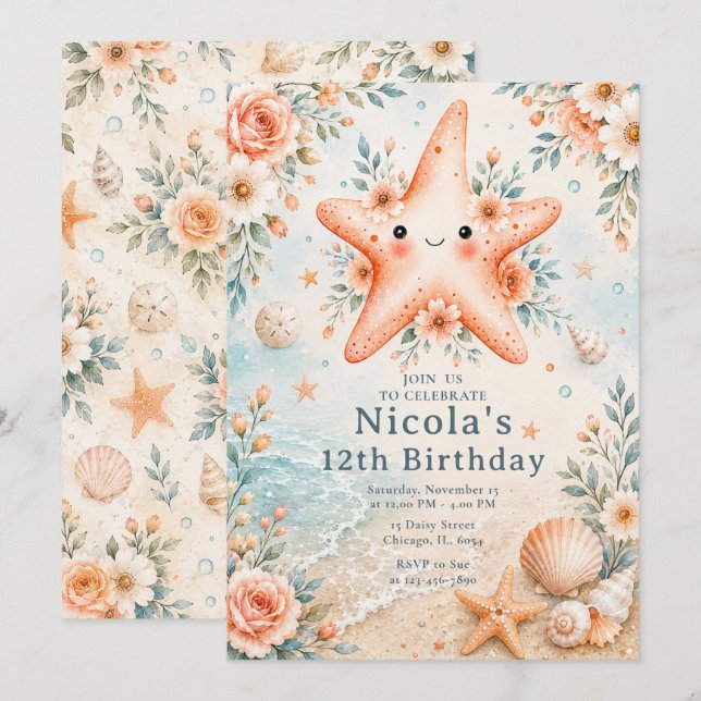 Floral Starfish Birthday Invitation (Front/Back)