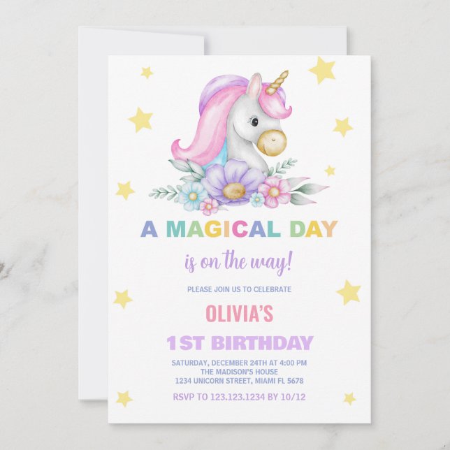 Floral Stars Unicorns Birthday Invitations (Front)