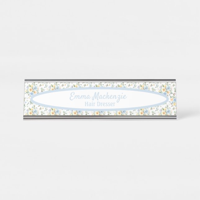 Floral Station Blue Yellow Flowers Desk Sign (Front)