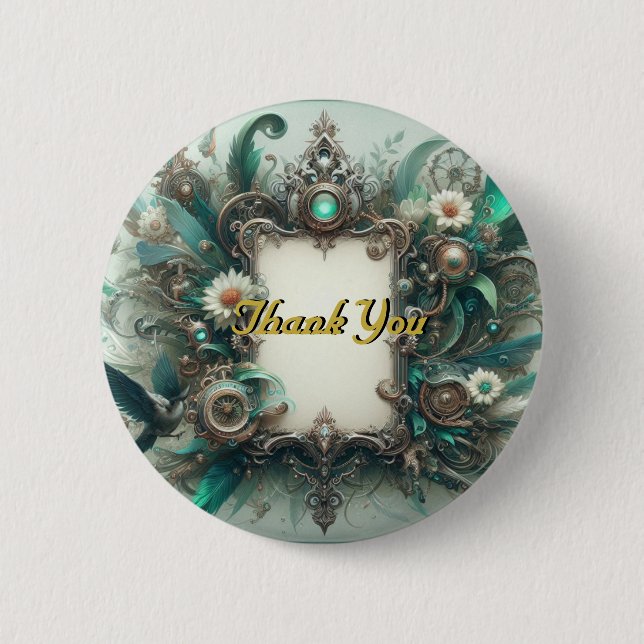 Floral Steampunk Wedding Green and Silver 6 Cm Round Badge (Front)