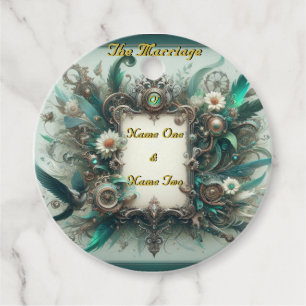 Floral Steampunk Wedding Green and Silver Favour Tags