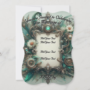 Floral Steampunk Wedding Green and Silver Invitation