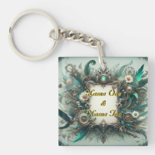 Floral Steampunk Wedding Green and Silver Key Ring