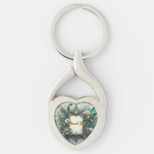 Floral Steampunk Wedding Green and Silver Key Ring